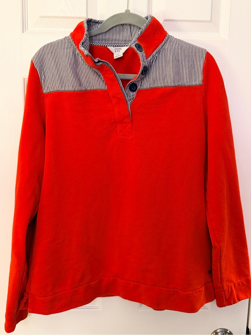 crown & ivy Fisherman Coastal Preppy Red Pullover with Blue Striped Accents